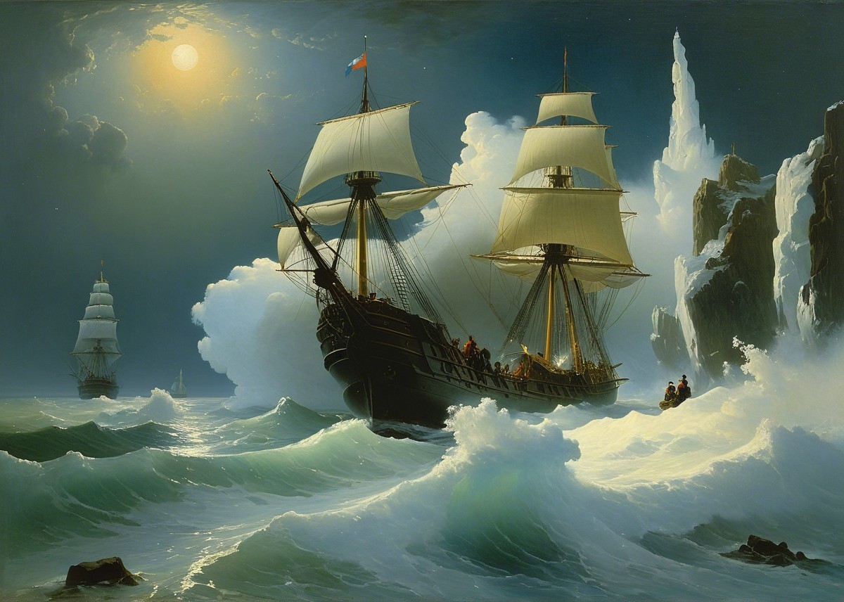 Tall Ship Navigating Turbulent Waters Under Moonlight