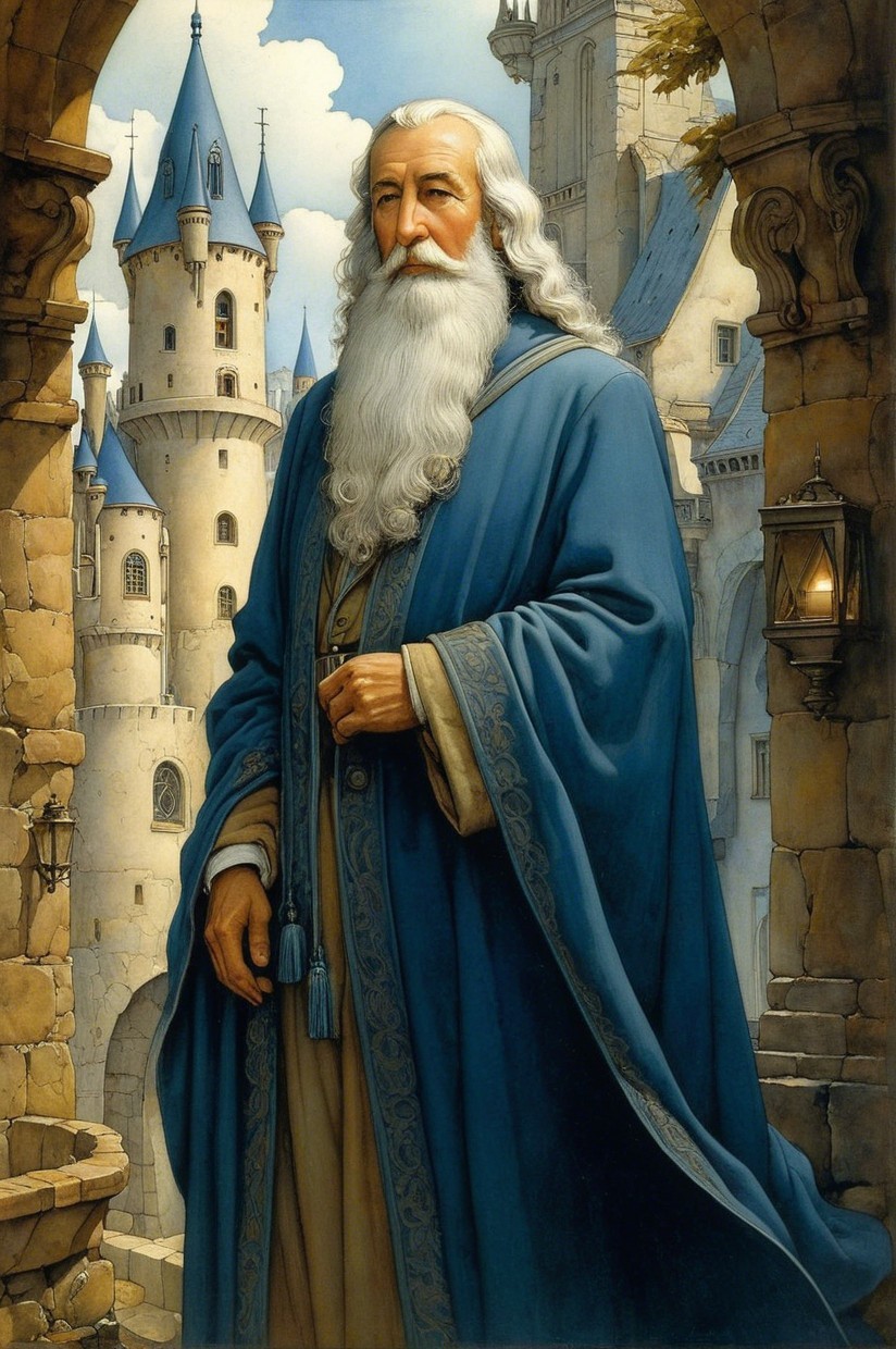 Wise Man in Blue Robe at Majestic Castle Archway