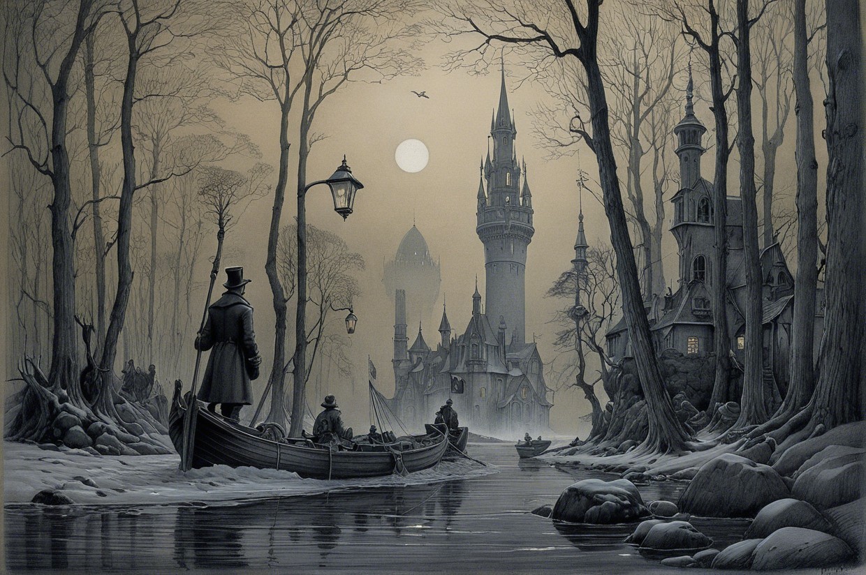 Foggy Moonlit Landscape with Castle and River Scene