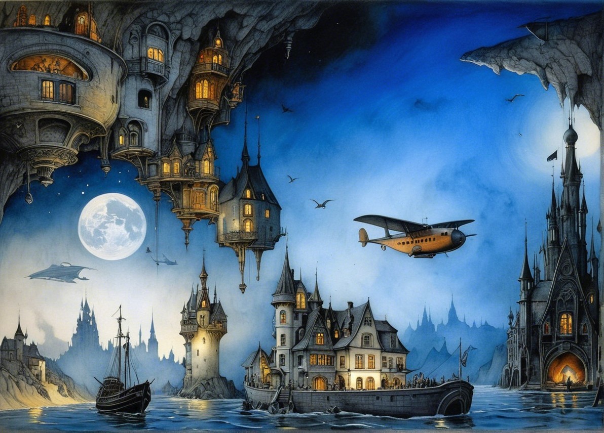 Whimsical Landscape with Castles and Floating Structures