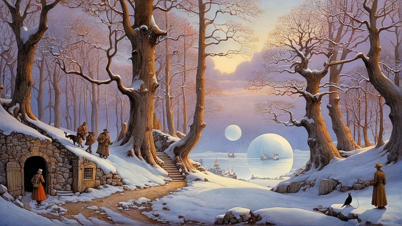 Serene Winter Landscape with Trees and Cottage Scene