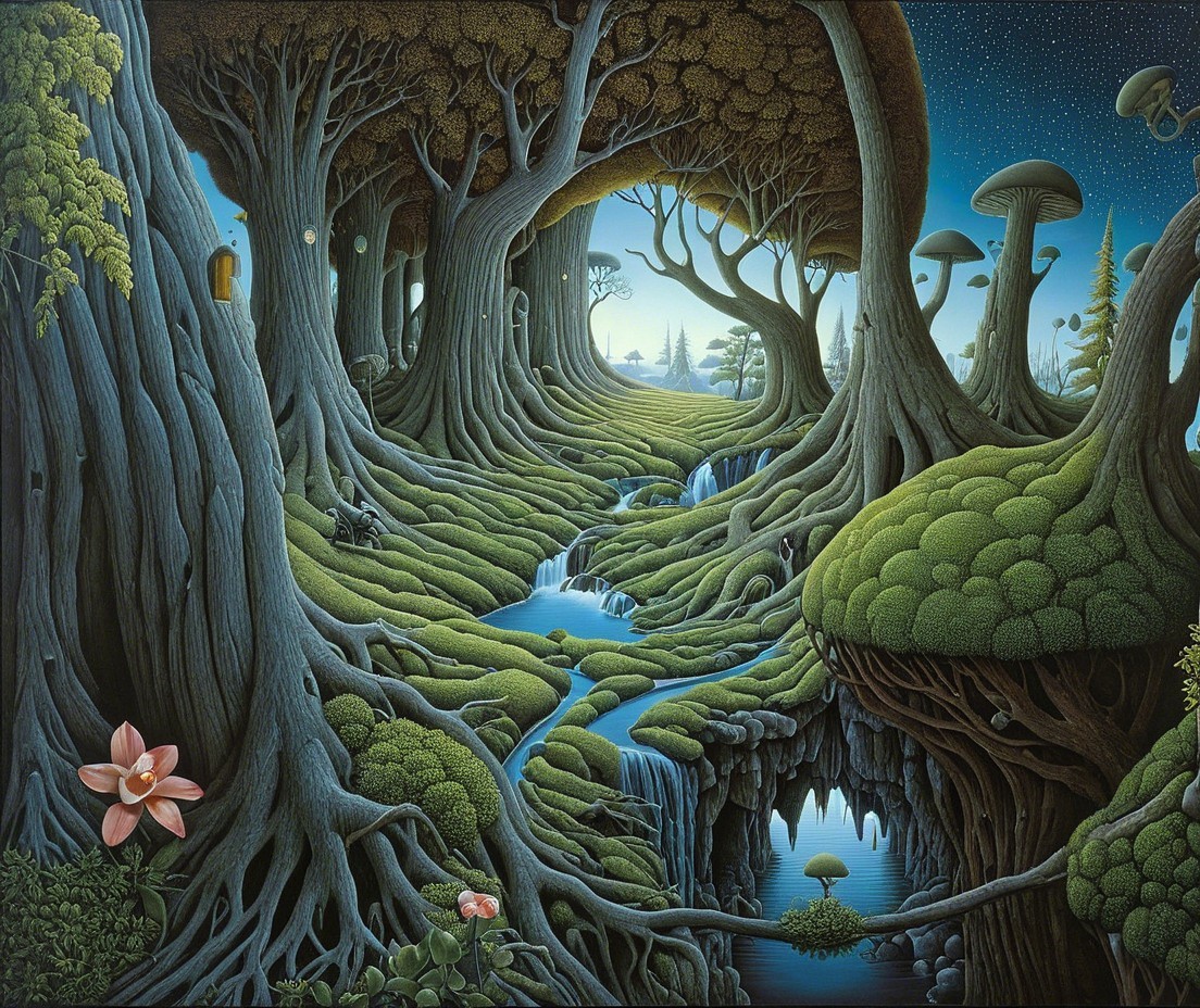 Surreal Landscape with Towering Trees and Streams