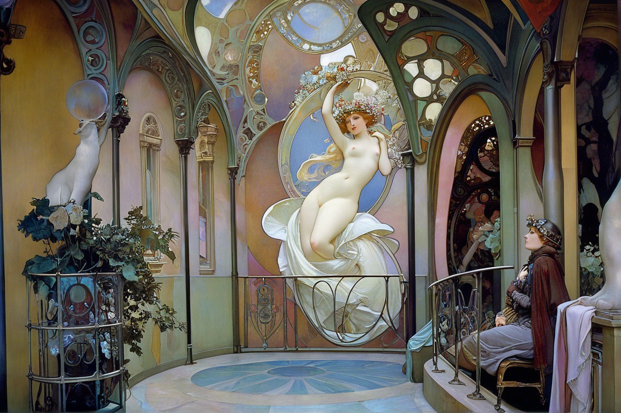 Ornate Art Nouveau Interior with Ethereal Figures