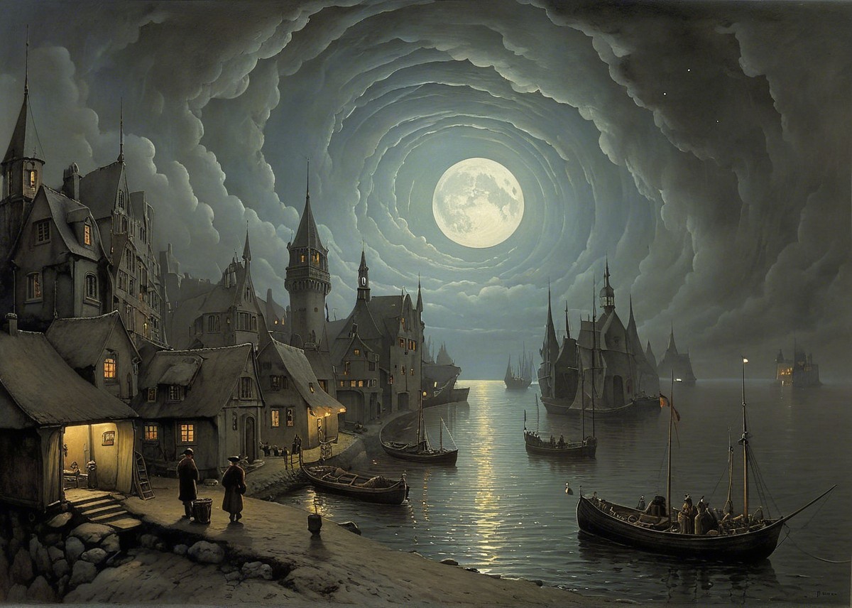 Serene Nighttime Village Scene Under Luminous Moon