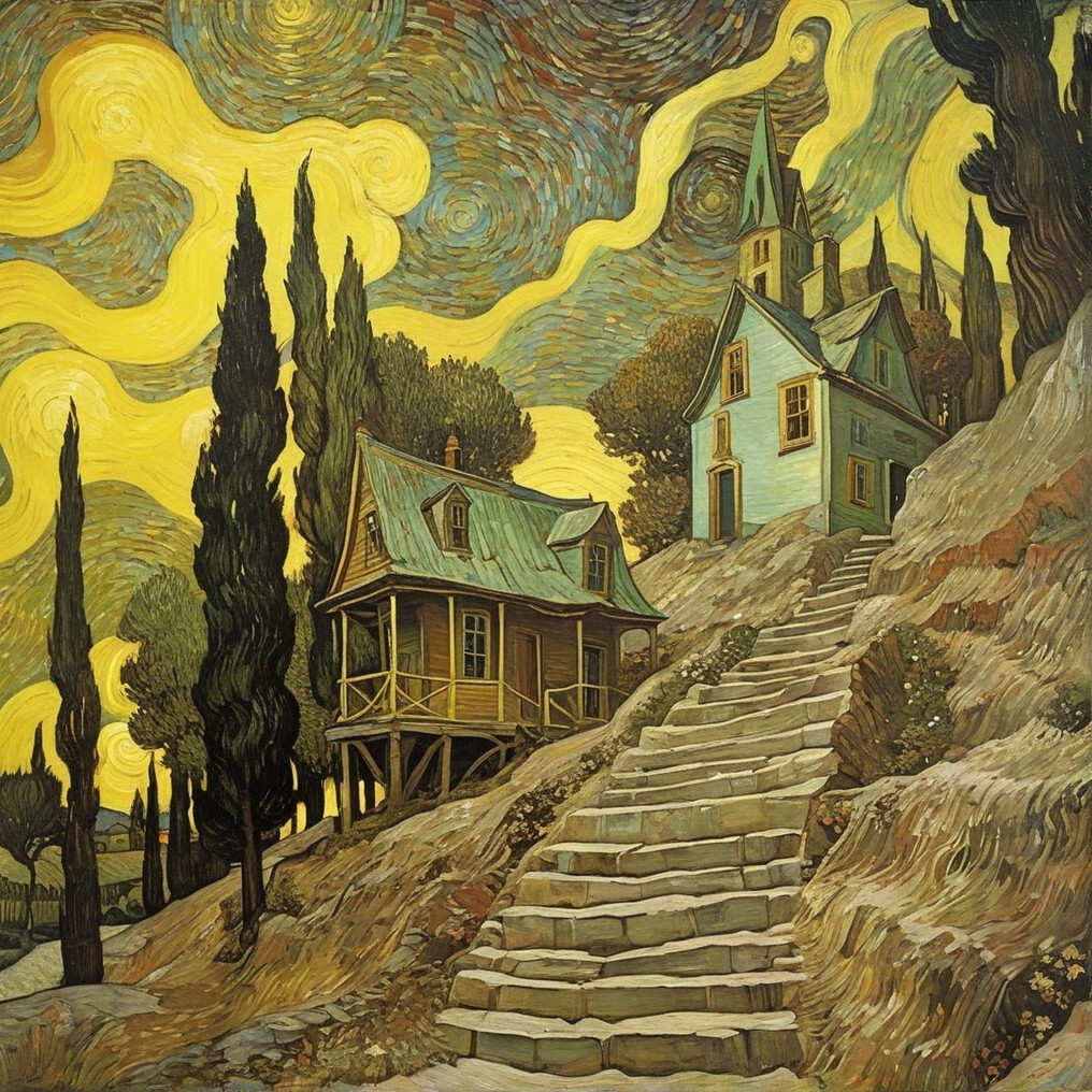 Whimsical Landscape with Unique Houses and Night Sky