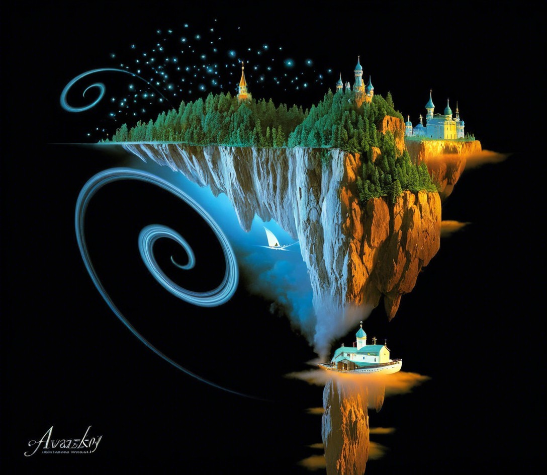 Surreal Floating Landscape with Castles and Water Scene