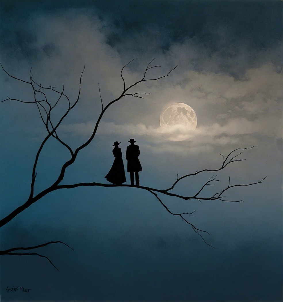 Moonlit Scene with Silhouetted Figures and Luminous Moon