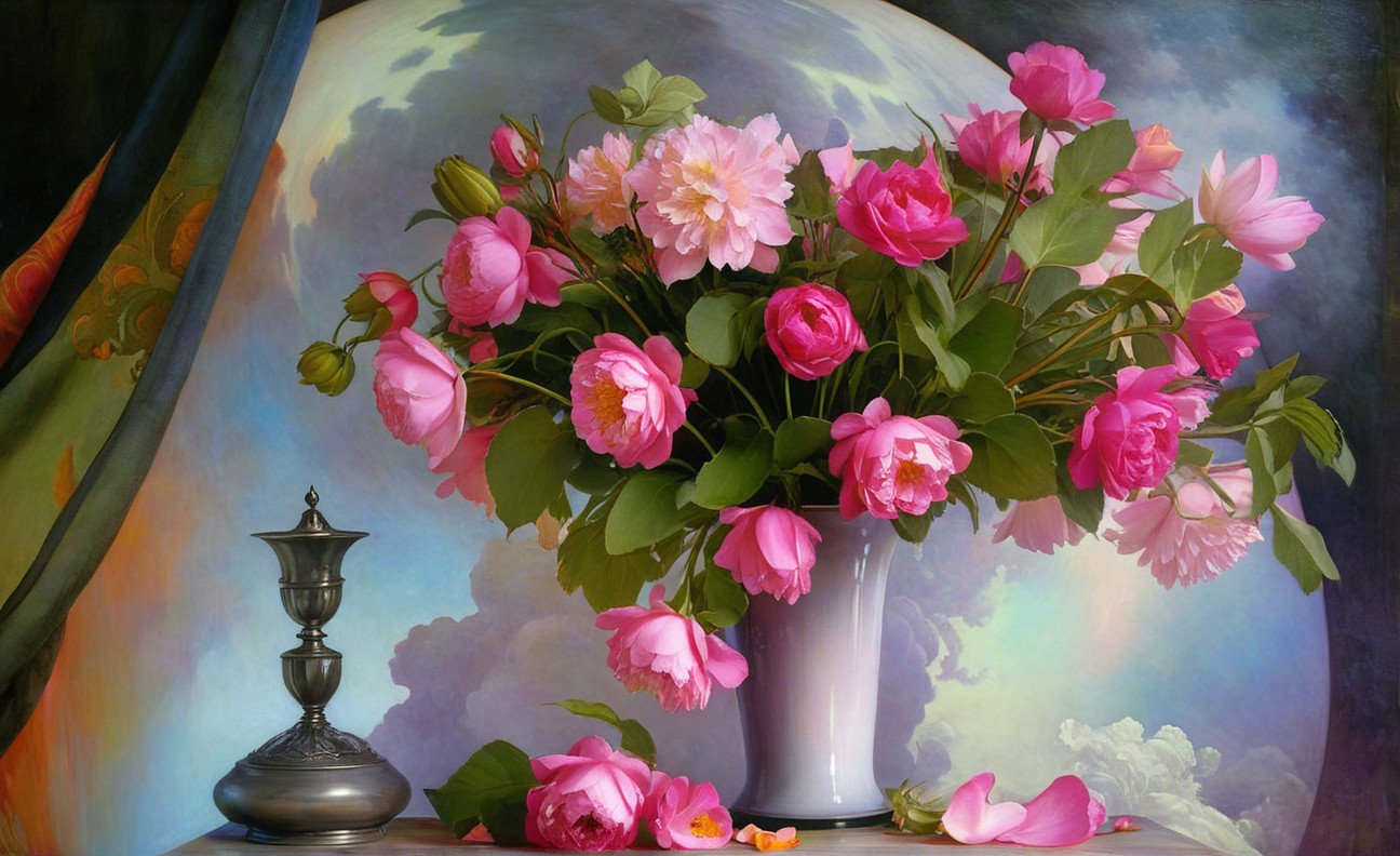 Vibrant Pink Peonies in Elegant Celestial Still Life
