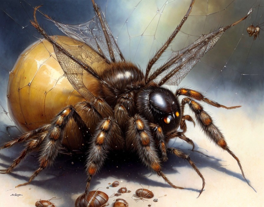 Hyper-realistic artwork of a giant bee on a nut