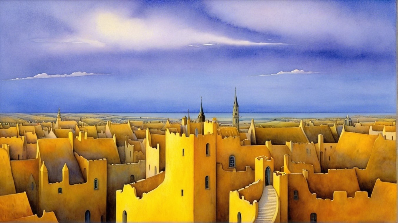 Surreal yellow-hued landscape with whimsical architecture