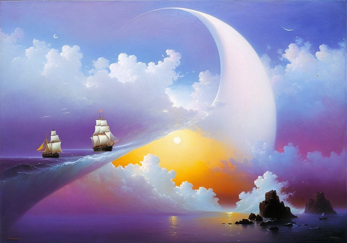 Surreal Landscape with Ships and Vibrant Sunset