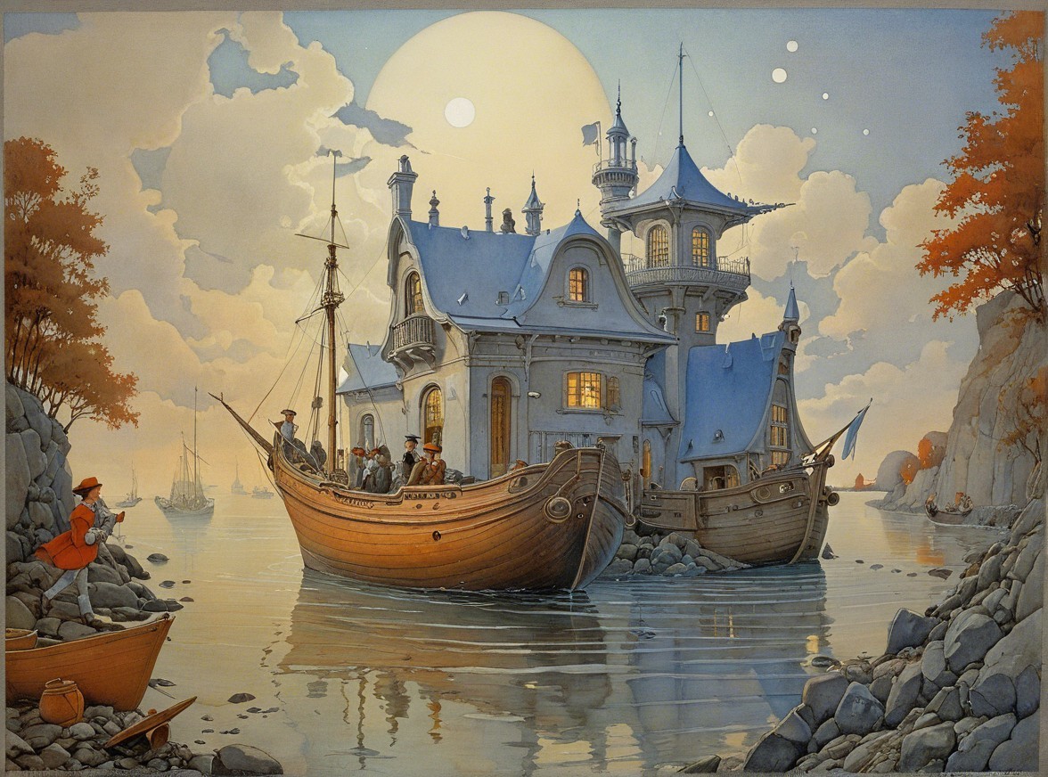 Fantastical House on Rocks by Water with Autumn Trees