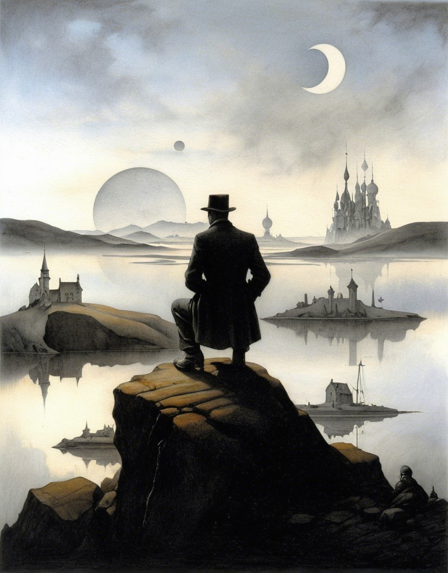 Surreal Landscape with Figure and Majestic Castle