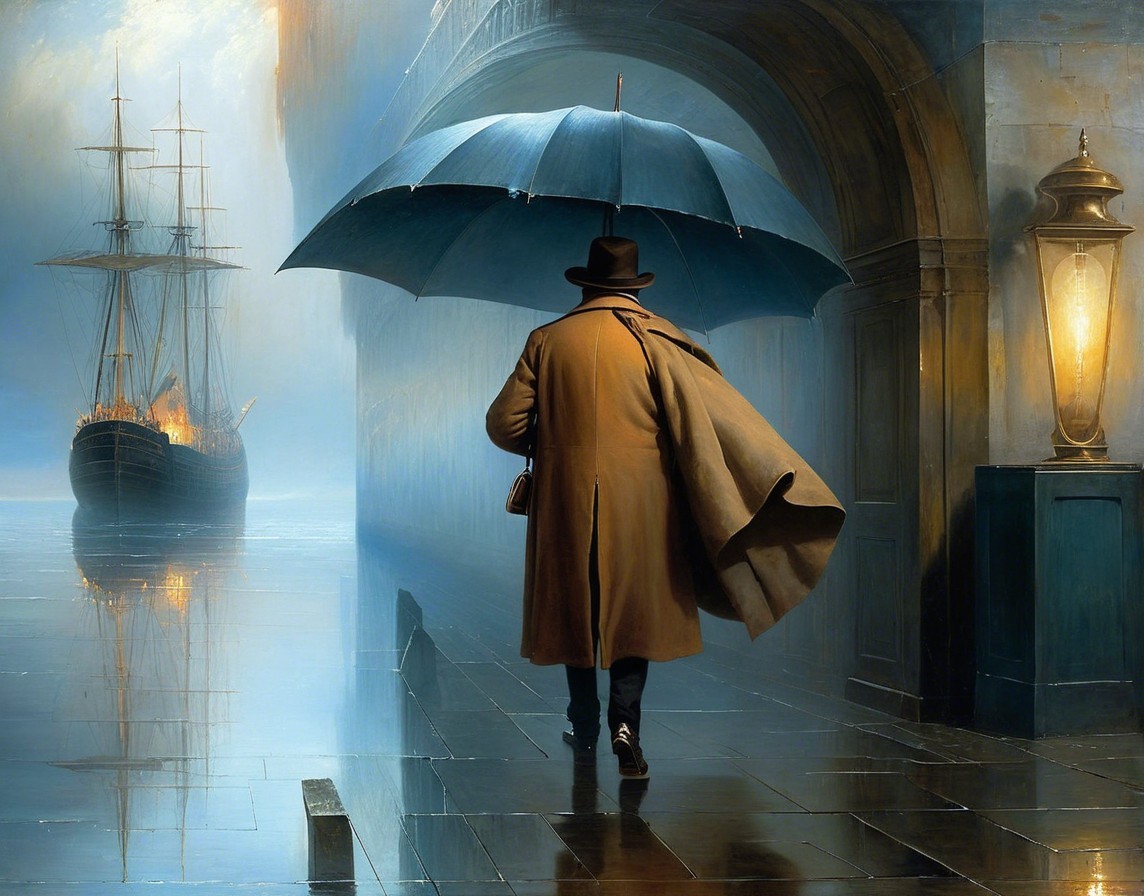 Misty Waterfront Scene with Burning Ship and Figure