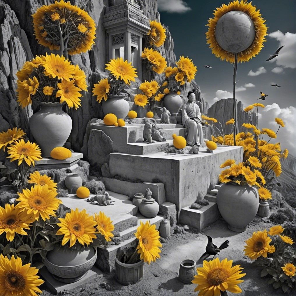 Surreal Landscape with Sunflowers and Tranquil Scene