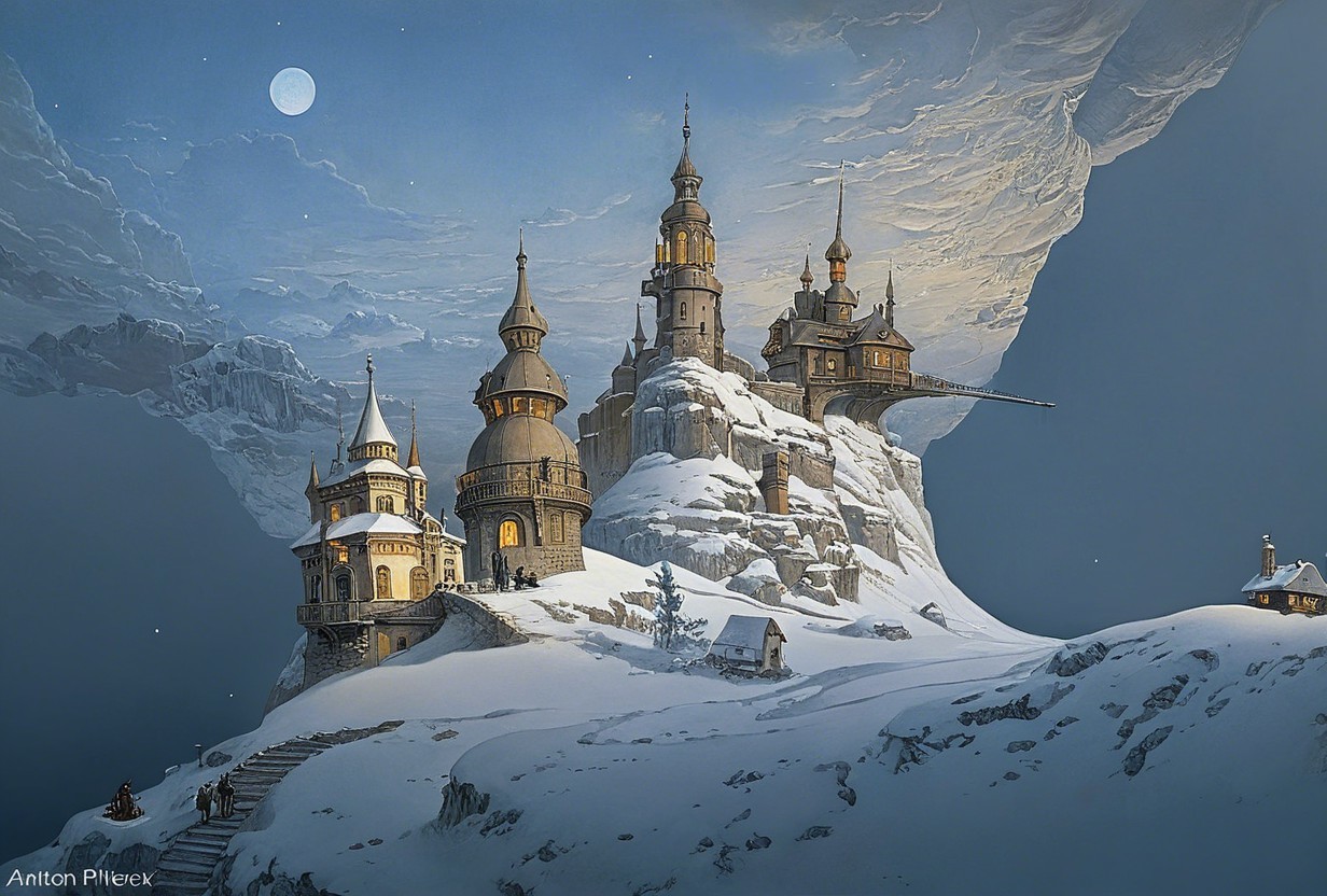 Snow-Covered Castle on Rocky Cliff in Moonlight