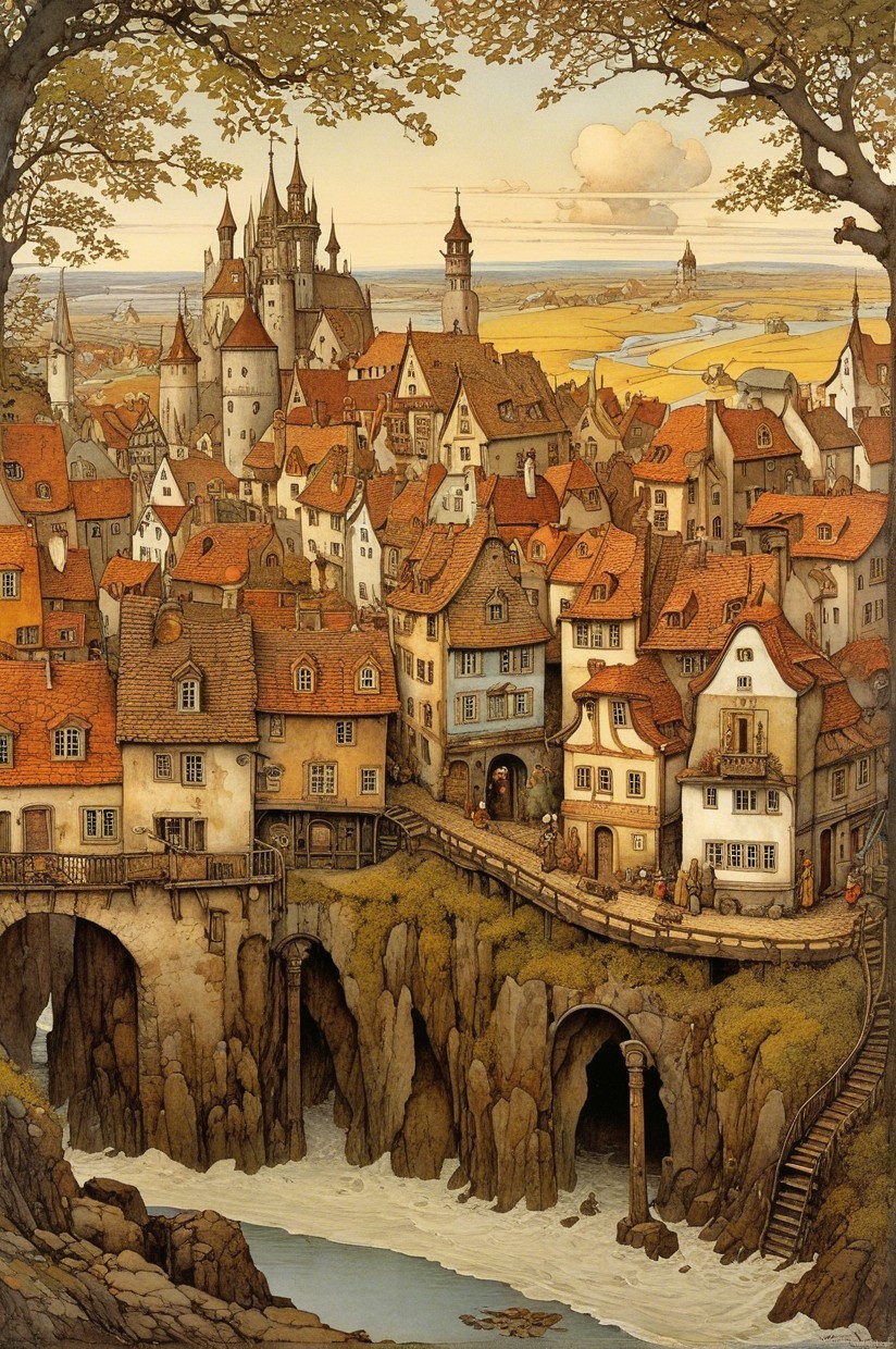 Fantastical Village Surrounded by Cliffs and Water