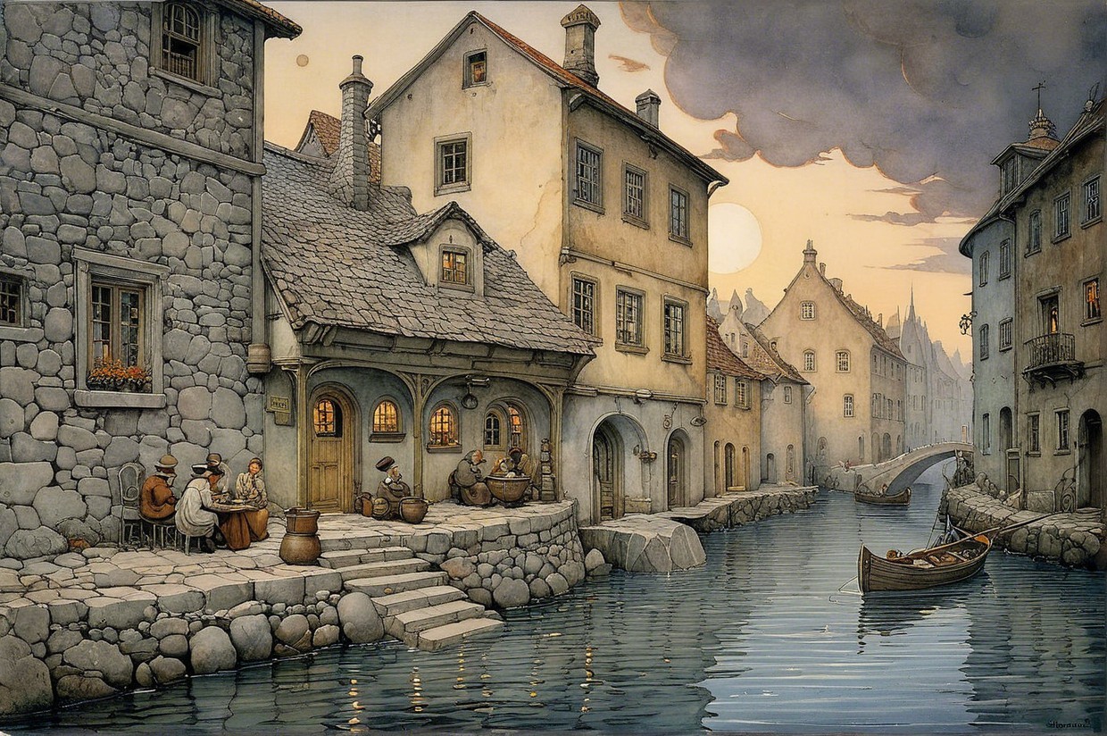 Tranquil Riverside Scene with Stone Houses at Dusk