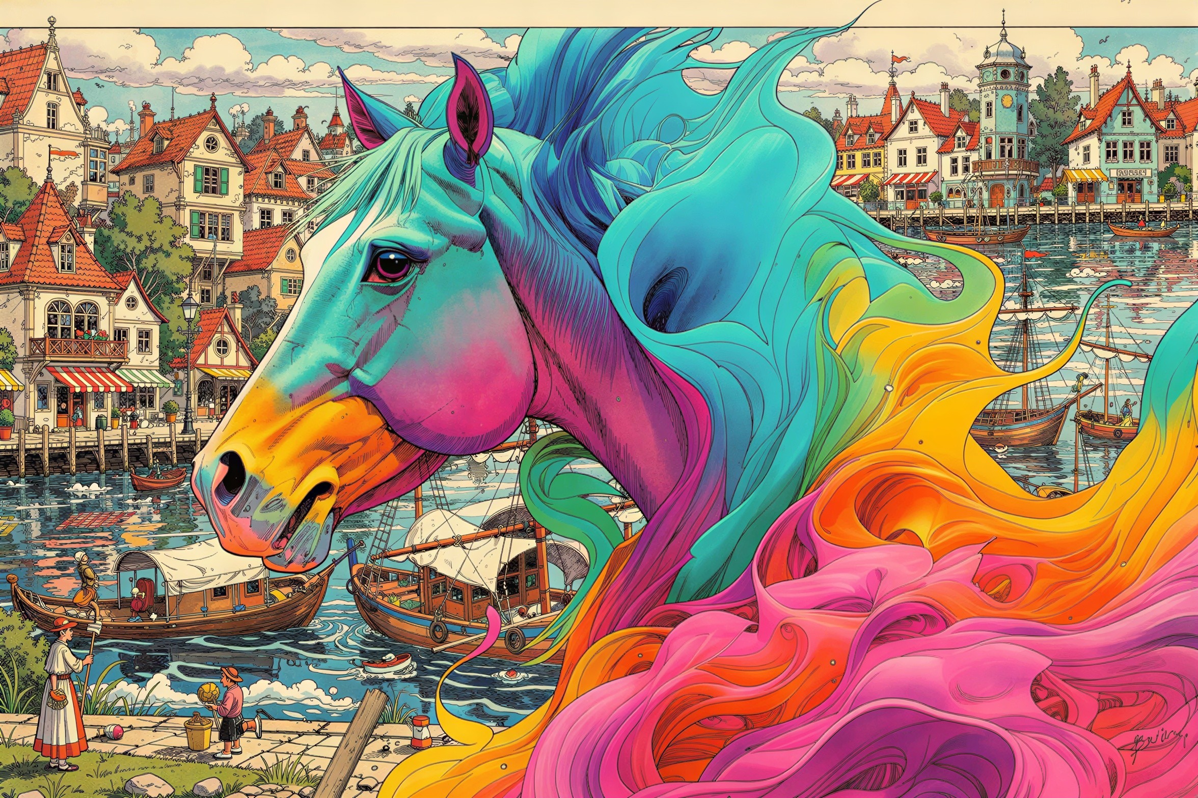 Vibrant Painting of a Colorful Horse and European Town