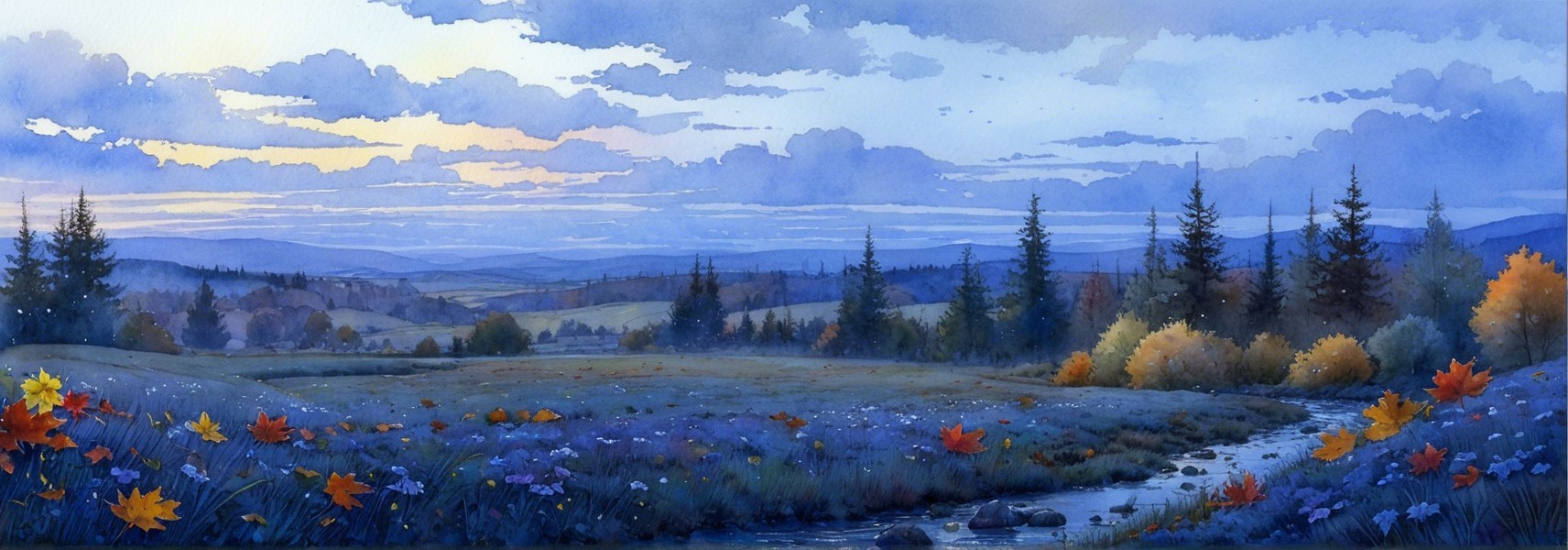 Serene Landscape with Wildflowers and Gentle Stream