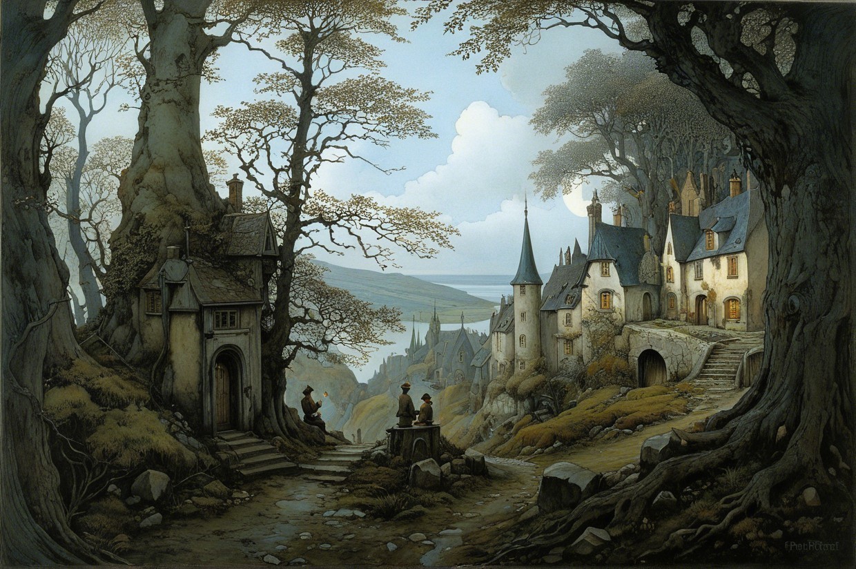 Mystical Village Landscape with Trees and Water