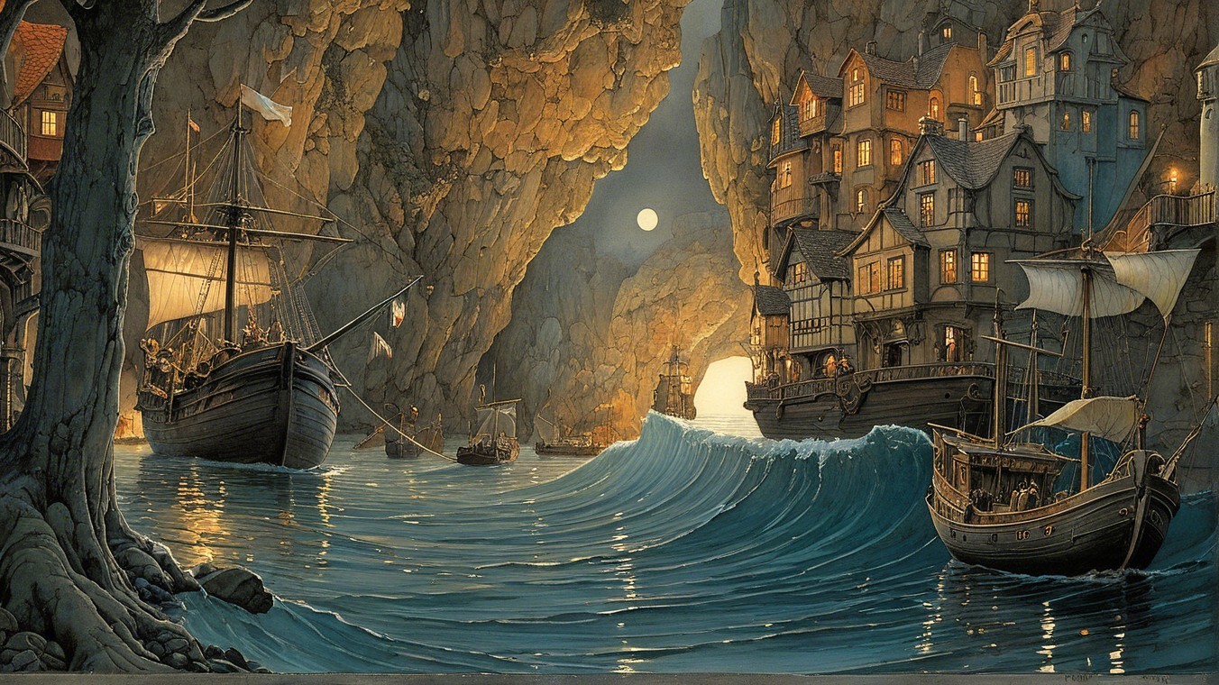 Coastal Village Scene with Cliffs and Moonlit Waters