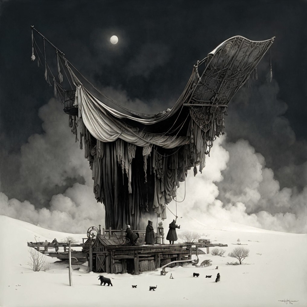 Surreal Fabric Structure in Snowy Landscape Scene