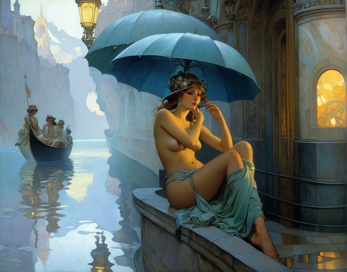 Serene Scene of Woman by Canal with Umbrella