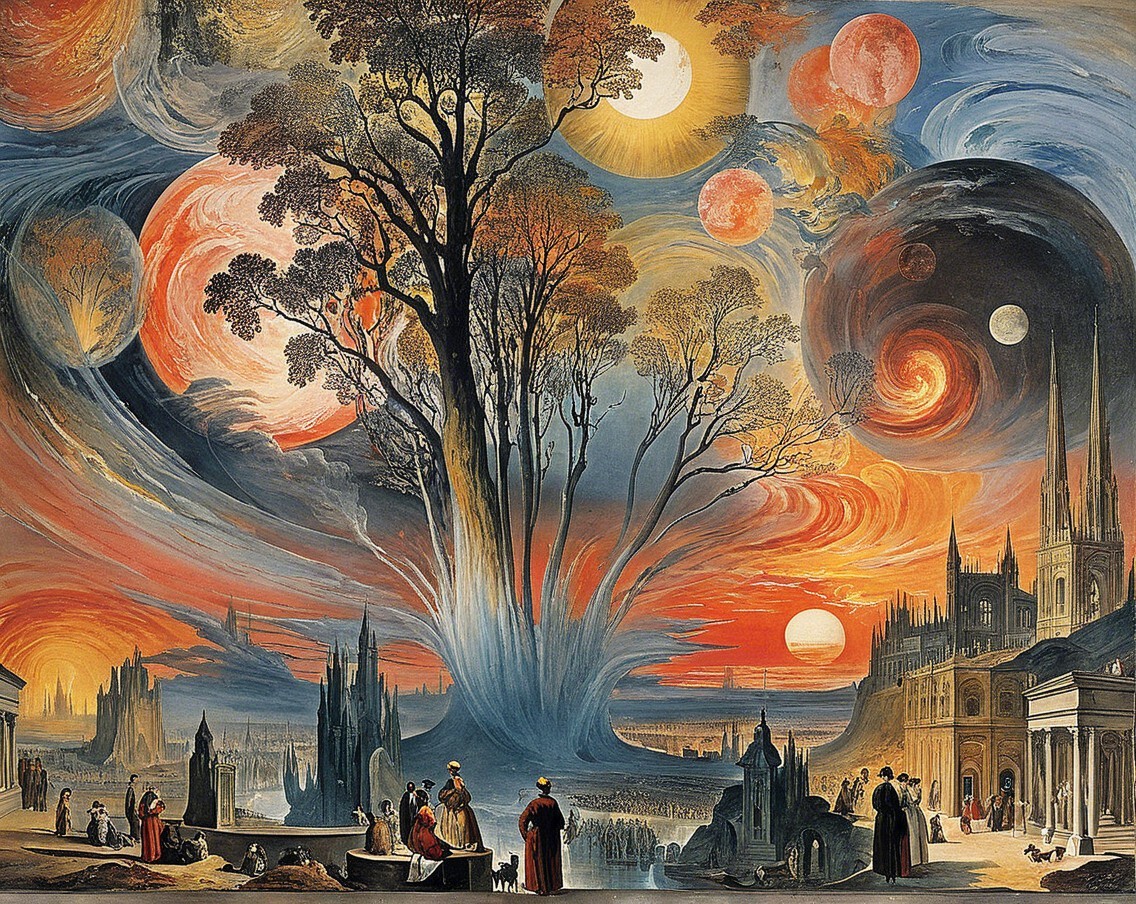 Surreal Landscape with Celestial and Earthly Features