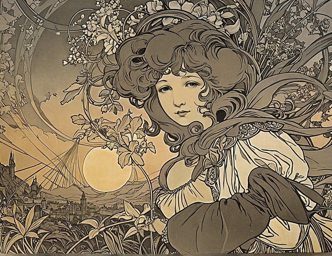 Art Nouveau Illustration of Serene Woman with Nature