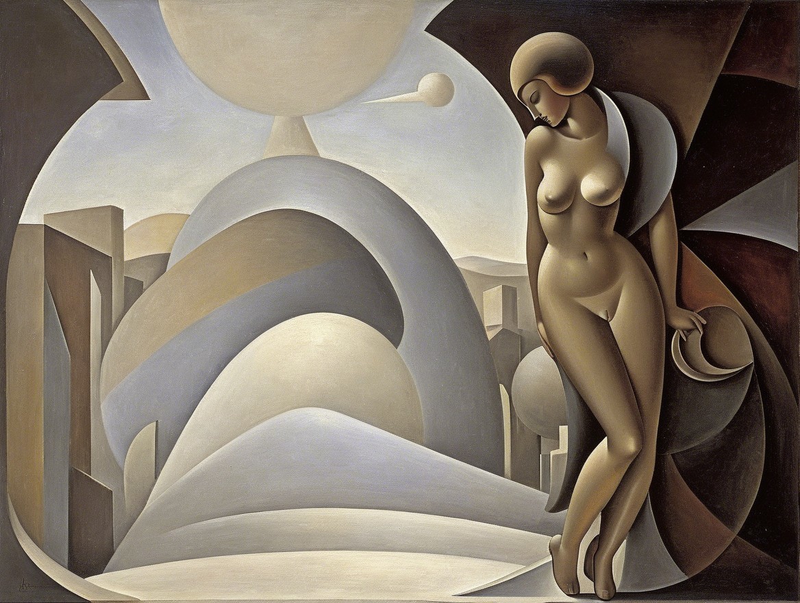 Stylized Female Figure in Surreal Landscape Art