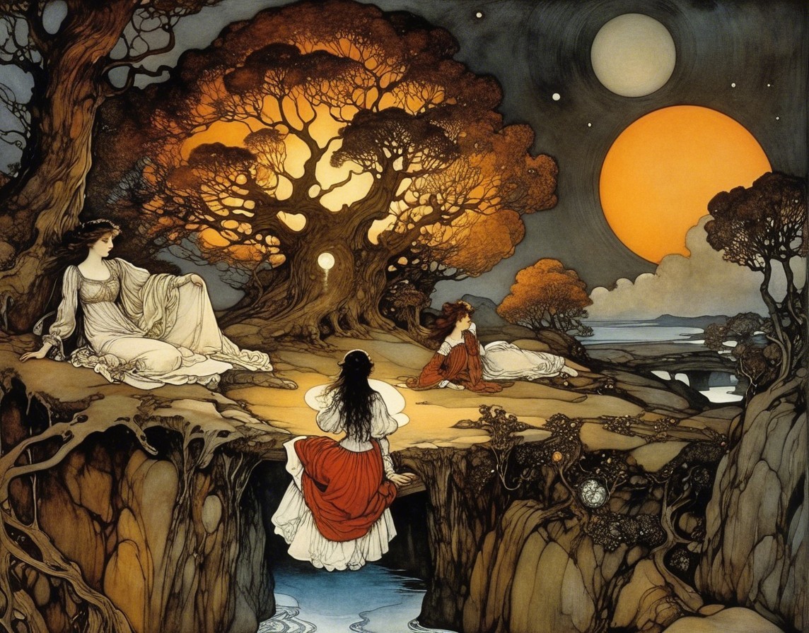 Surreal Landscape with Ethereal Figures and Celestial Bodies