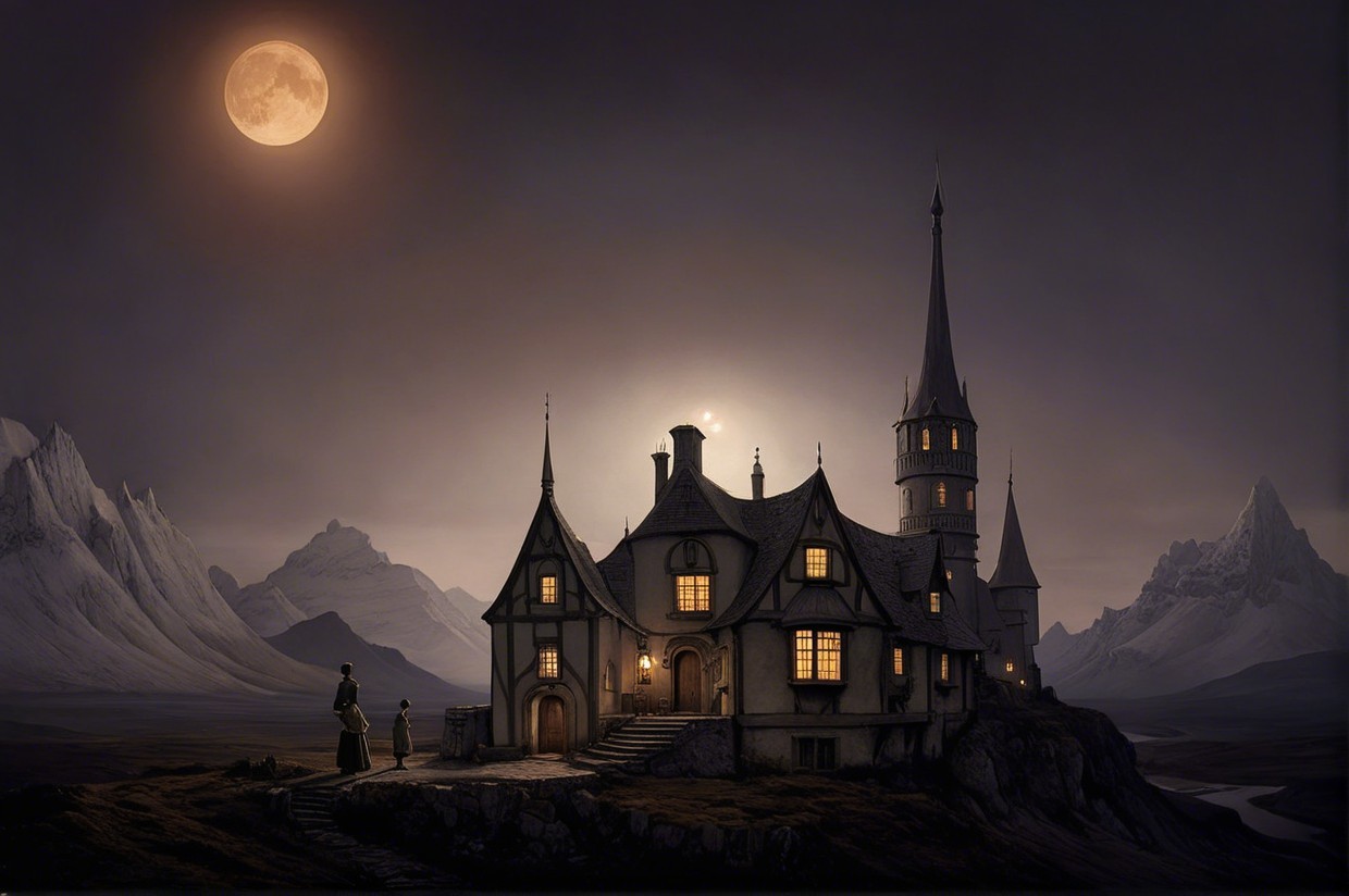 Gothic Castle in Mystical Dark Landscape at Night