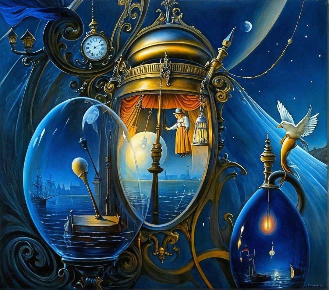 Surreal Scene with Clocks, Lanterns, and Nature Elements