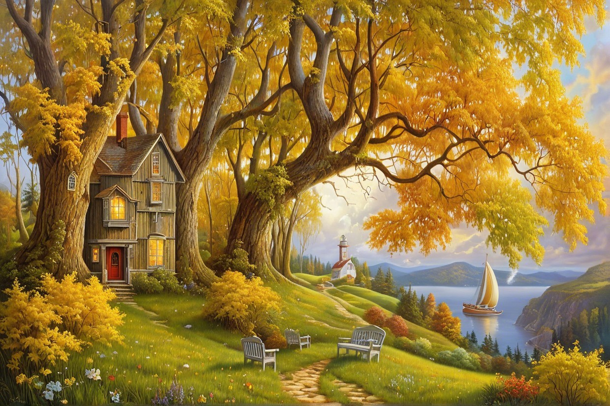 Quaint Wooden House in Vibrant Autumn Landscape