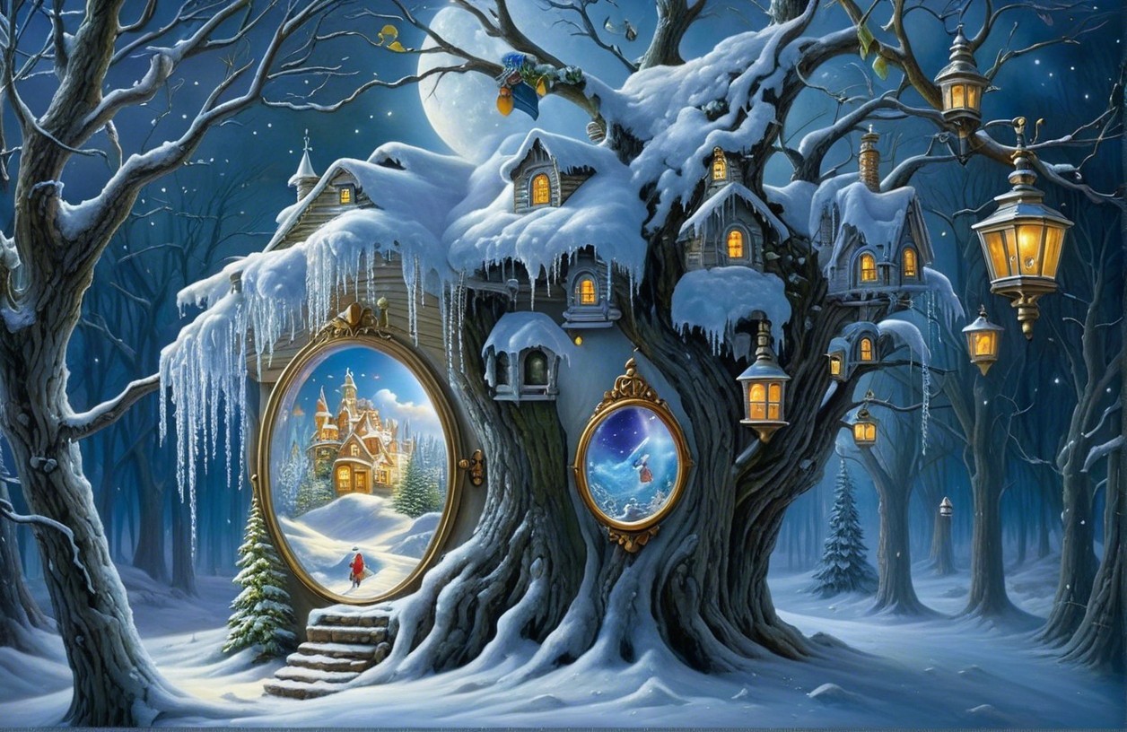 Whimsical Winter Scene with Snowy Tree and Houses