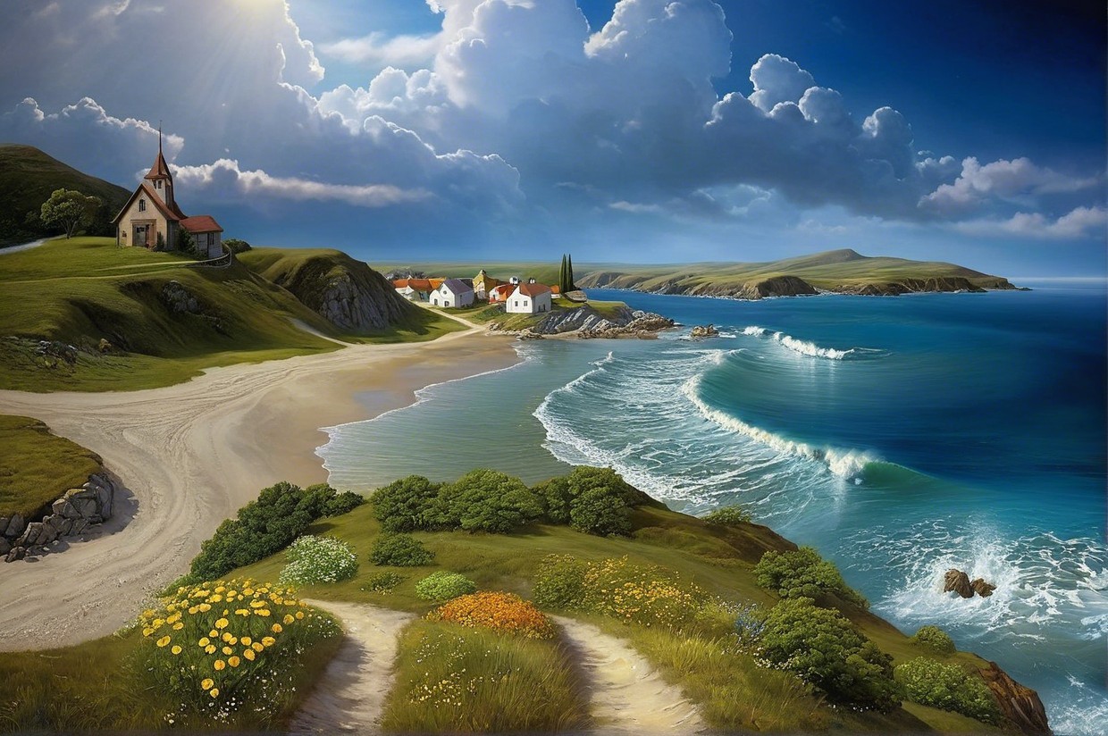 Serene Coastal Landscape with Sandy Beach and Cottages