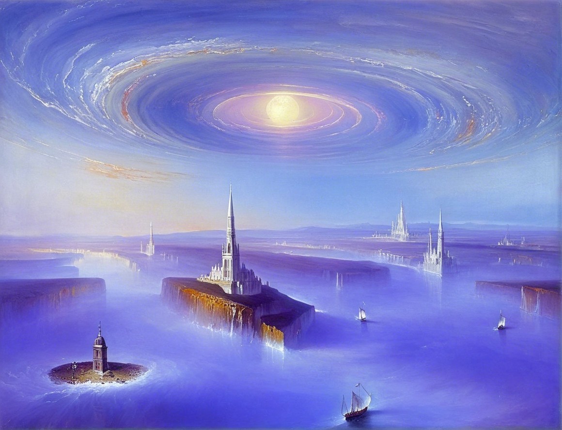 Surreal Landscape with Spires and Misty Waters