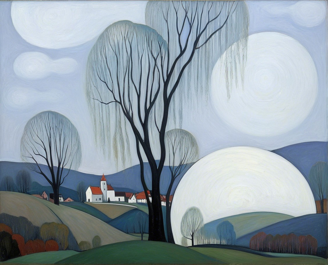 Tranquil Landscape with Hills, Trees, and Village