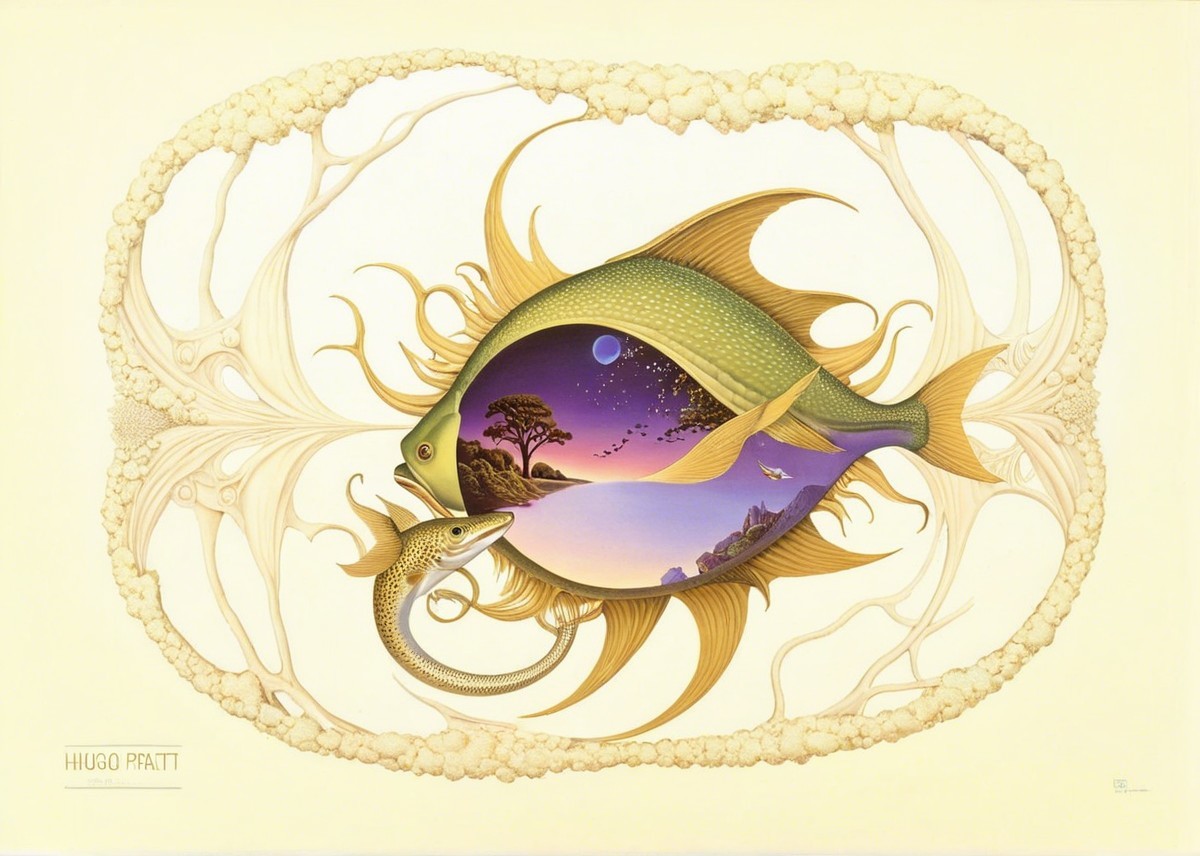 Surreal Artwork of Fish and Serpent in Dreamy Landscape
