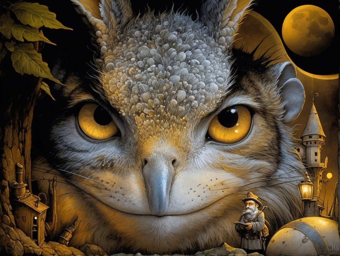 Whimsical Scene with Owl Creature and Mystical Landscape