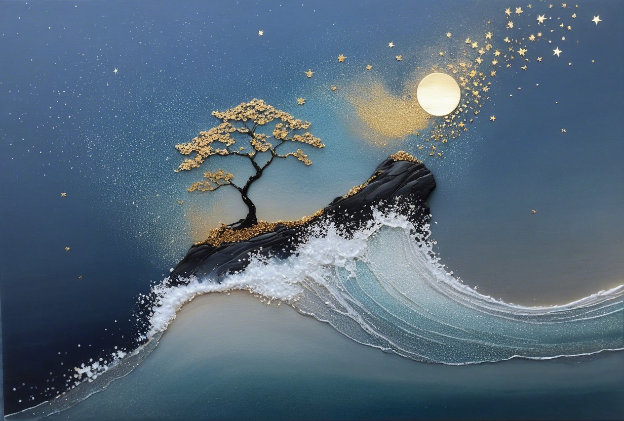 Lone Tree on Rocky Outcrop Under Starry Night Sky