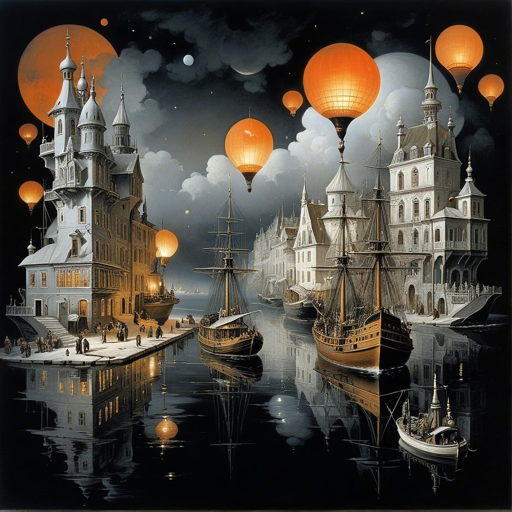 Whimsical Illuminated Harbor with Fairy-Tale Castles