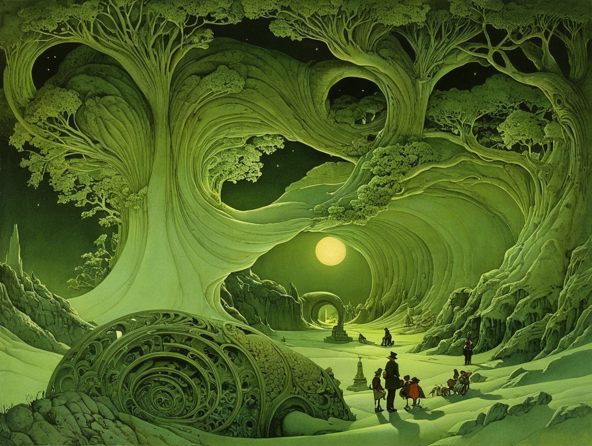 Surreal Landscape with Twisted Trees and Ethereal Forms