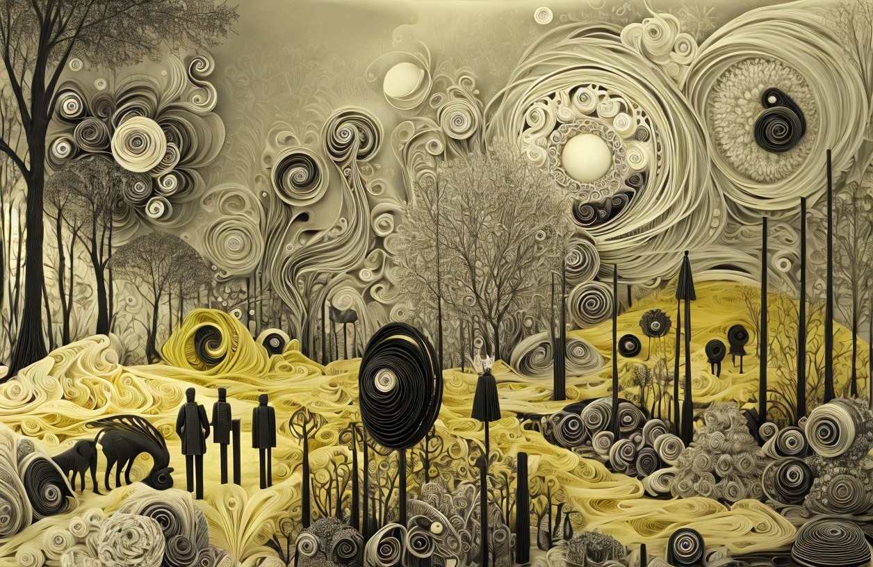 Surreal Landscape with Yellow and Black Patterns