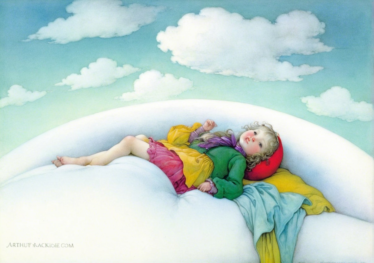 Child on Cloud in Colorful Outfit with Blue Sky