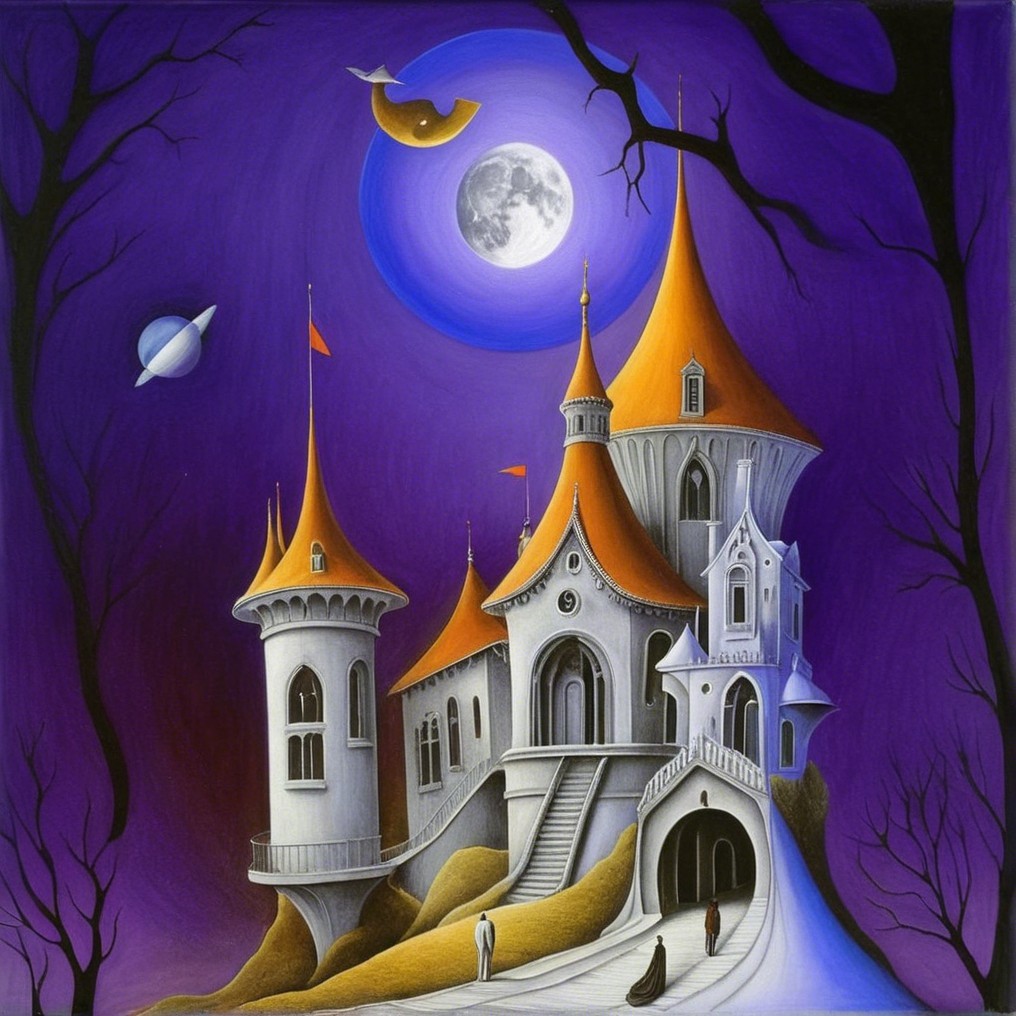 Whimsical Castle Under Purple Sky with Moon and Saturn