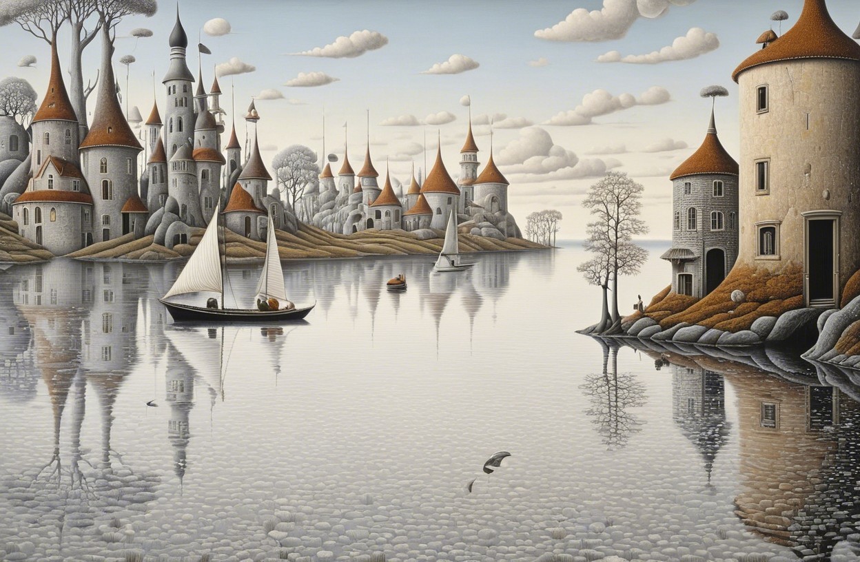 Whimsical Castles and Sailboats in Tranquil Landscape