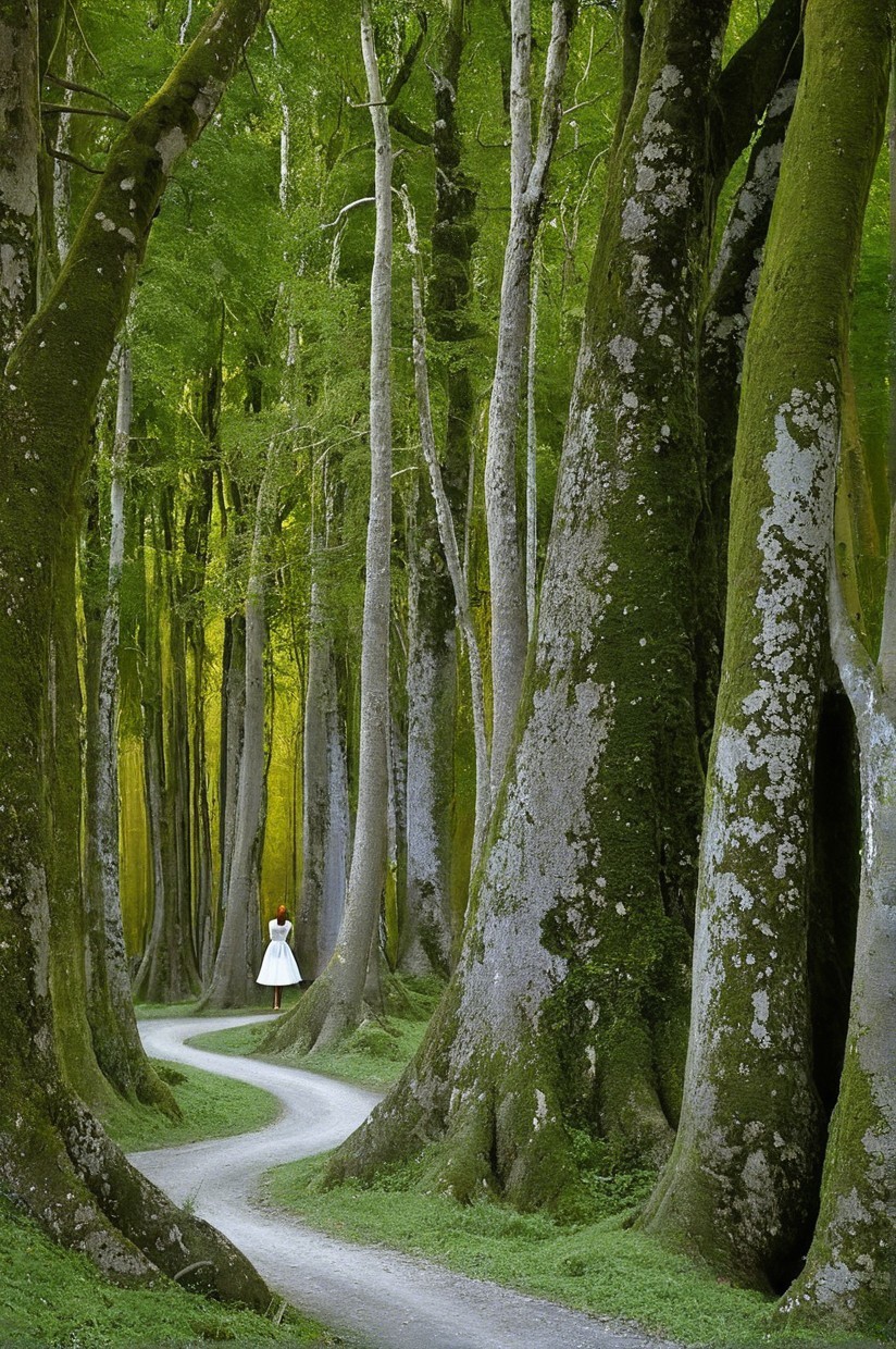Serene Forest Path with Figure in White Dress