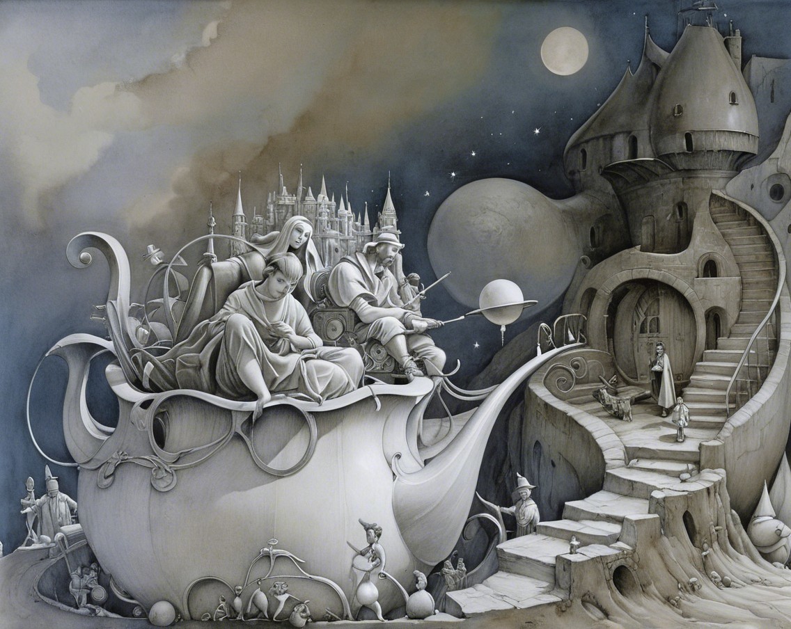Whimsical Gray and Blue Scene with Giant Teapot and Castle